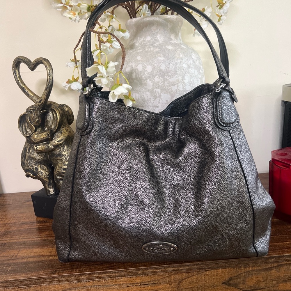Coach Metallic Charcoal Pebbled Leather Shoulder Bag
